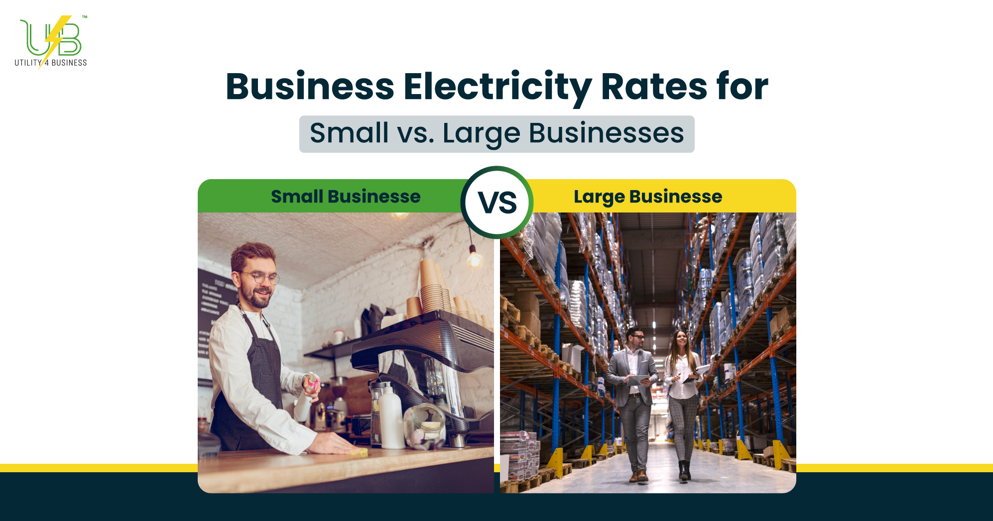 Business Electricity Rates comparison for small vs large businesses with energy cost and usage differences visualized.